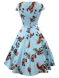 Blue 1950s Floral Birds Swing Dress