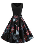 Black 1950s Floral Belted Swing Dress