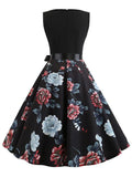 Black 1950s Floral Belted Swing Dress