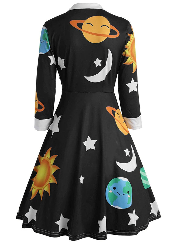 Black 1950s 3/4 Sleeve Planet Swing Dress
