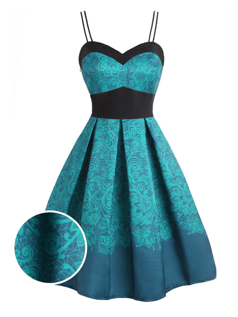 Blue 1950s Spaghetti Floral Swing Dress