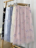Butterfly Embroidery Sequined Sweet Tulle Skirt Elastic High Waist A Line Mesh Midi Skirt