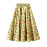 Vintage Floral Print Pleated Long Summer Women Korean High Waist Green Elegant A-line Midi Skirt