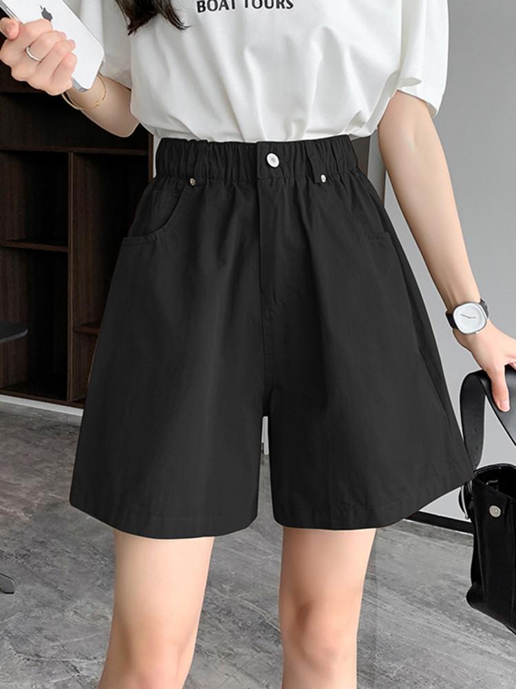 Women Summer Casual Shorts Korean Style All-match Solid Color Elastic Waist Loose Short Pants