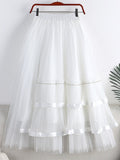 Elegant Frill Trim Mesh Patchwork Pleated Midi Long Elastic High Waist Asymmetric Tulle Skirt