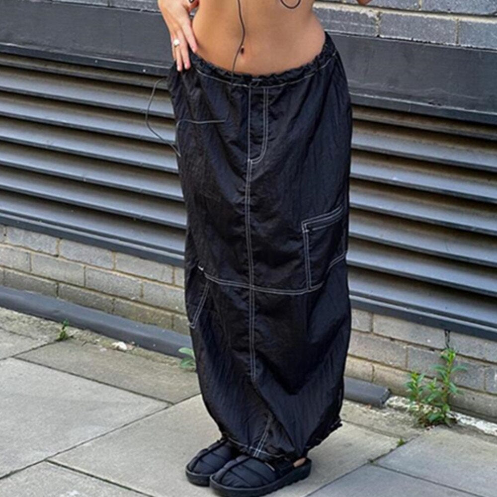 Long Women Vintage Floor-Length Cargo Skirts Summer High Waist Black Skirt