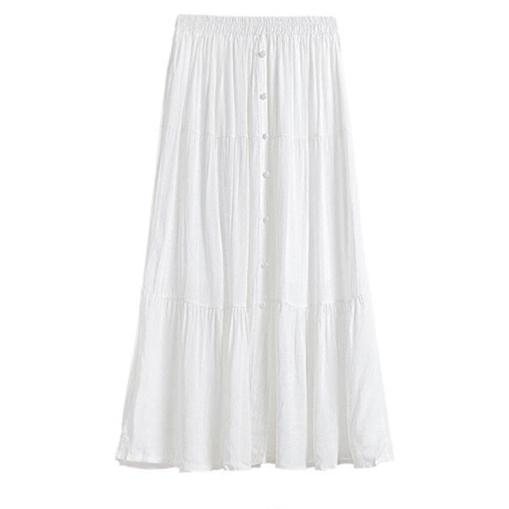 Summer Korean Casual Midi Long Women Button Large Swing A Line Skirt High Waist Mid-length Skirt