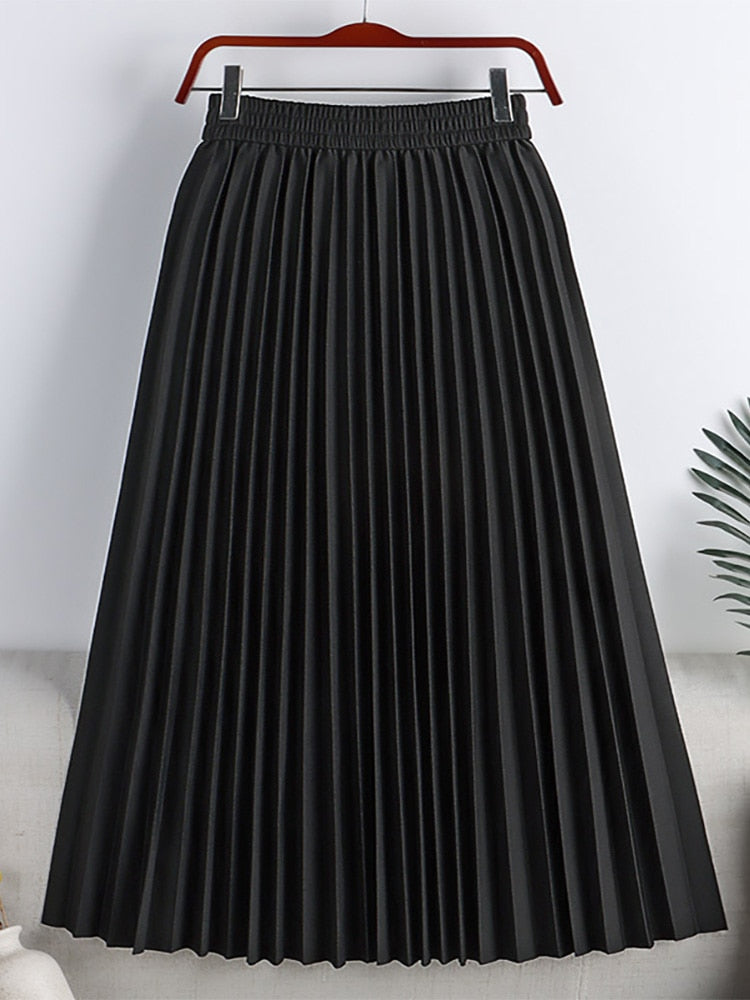 Women Elegant Elastic High Waist Basic Pleated Skirt Solid Casual A Line Summer Midi Skirt
