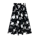 Vintage Floral Flower Print Elastic High Waist Long A-Line Women Elegant Sweet Black Summer Skirts