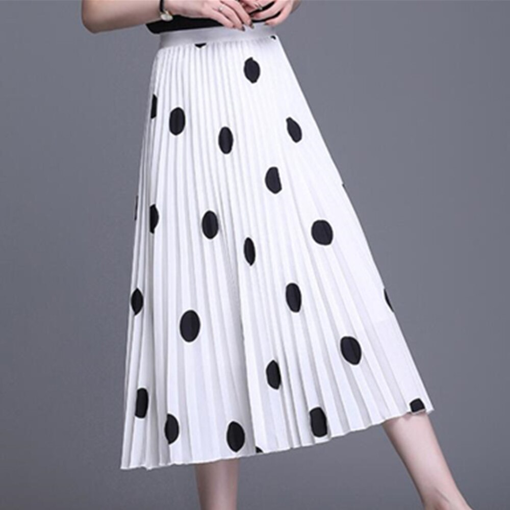 Polka Dot Print Long Maxi Summer Women White Black High Waist Pleated Long A Line Skirts