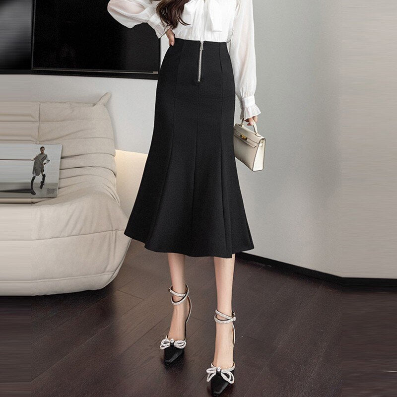 Ladies Elegant Slim Mermaid Spring Office Style All-match High Waist Women Black Long Skirt