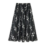 Vintage Floral Flower Print Elastic High Waist Long A-Line Women Elegant Sweet Black Summer Skirts