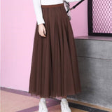 Women Long Blue Summer Women Loose Pleated Skirt Casual High Waist A-line Tulle Skirts