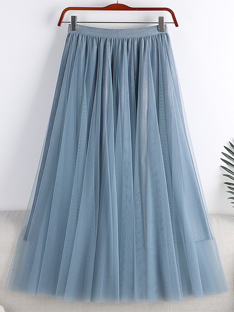 Mid Calf Long Women Metallic Shimmer Tulle Skirt Elastic High Waist Elegant A Line Midi Skirt