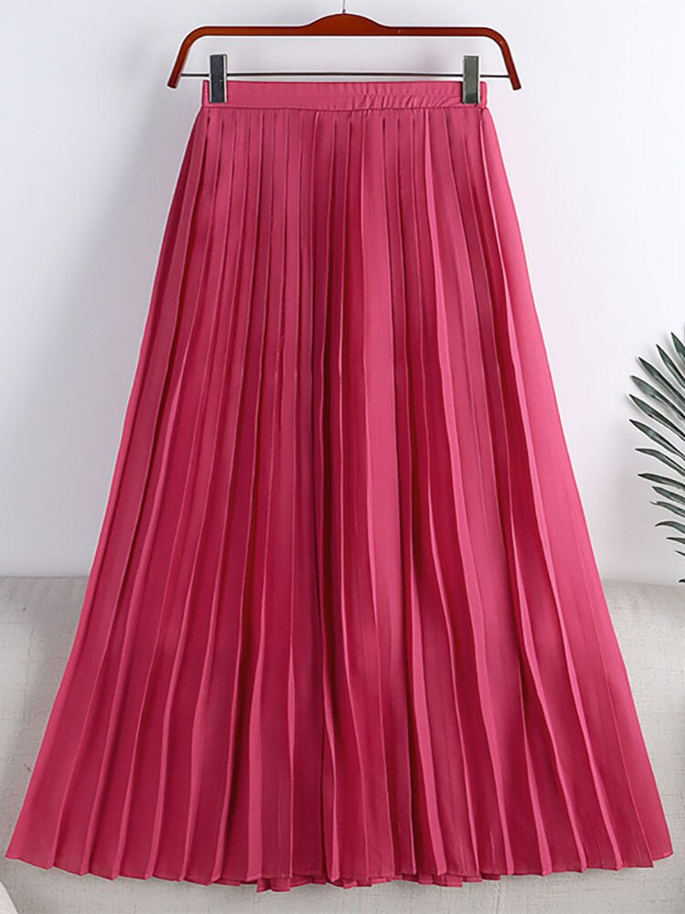 Spring Summer Women Solid Casual Flowy Chiffon Skirt Elastic High Waist Elegant Midi Pleated Skirt