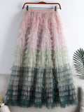 Women Gradient Color Sweet Tiered Ball Gown Tulle Skirt Elastic High Waist A Line Midi Long Skirt
