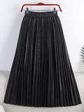 Spring Women Metallic Pleated Skirt Elastic High Waist Elegant Vintage Midi Skirt