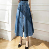 High Waist Pleated Long Women Vintage Flared Jean Skirt Vintage Casual Loose Solid Denim Maxi Skirts