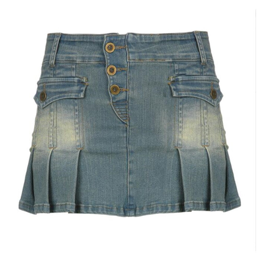 Denim Women Sexy Low Waist Pleated Skirts Y2K Streetwear Vintage 90s Aesthetic Jean Skirt Mini Dark Academia Clothes