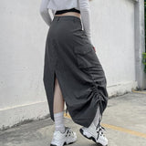 y2k Grey Retro Long Skirts Prepply Baggy Cargo Patchwork Ruched Midi Skirts Women Streetwear Pockets Korean Skirts 90s Vintage