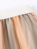 Contrast Color Striped Mesh Pleated Skirt Women Elastic High Waist Casual Tulle Midi Skirt