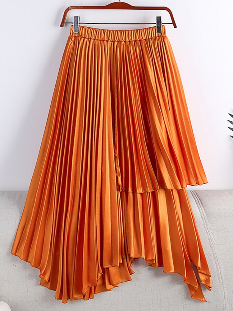 Women Asymmetric Elastic High Waist Elegant Satin Effect Pleated Midi Skirt