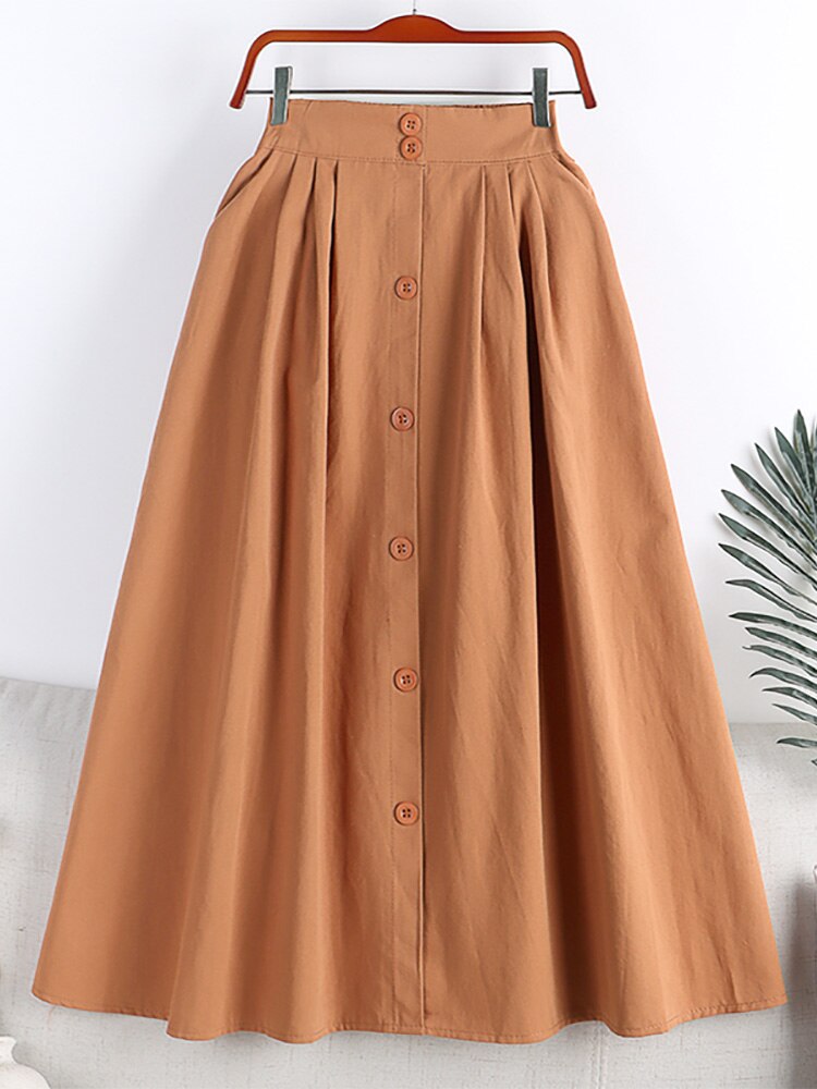 Spring Summer Front Buttons Big Swing A Line Side Pockets Elastic High Waist Casual Midi Skirt