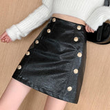 Ladies A-line Mini Skirts Fashion Korean Style Double-breasted Pu Leather Women High Waist Short Skirt