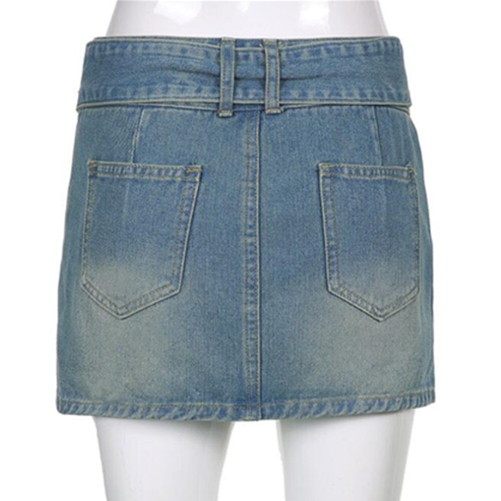 Goth y2k Jean Women Low Waist Denim Micro Mini Skirt With Belt