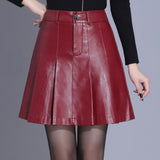 Office Midi Women Leather Maxi Skirt Ladies High Waist Pocket Autumn Red Black Formal Skirt