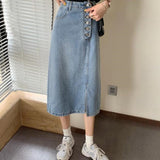 New Denim Women Long Jeans Skirt Button A-Line Casual High Waist Skirts