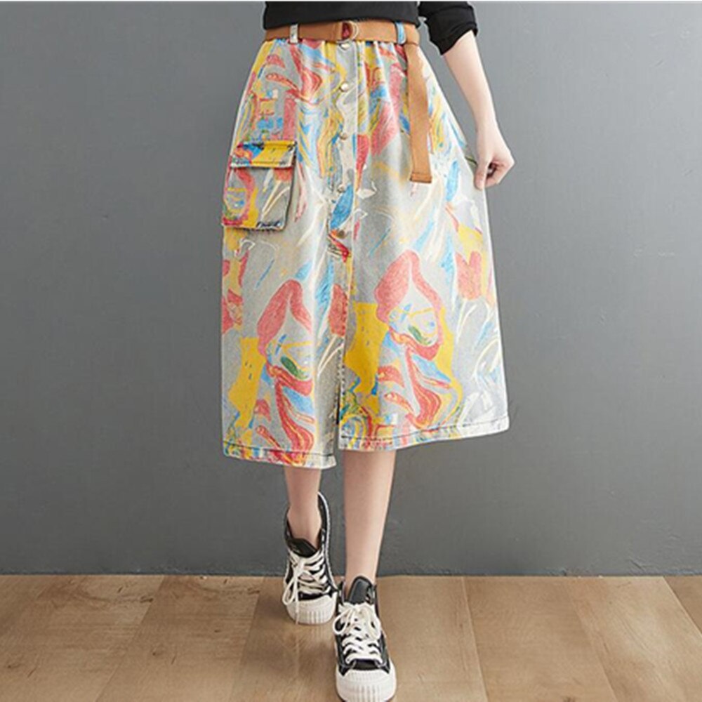 Summer New Ladies Denim Maxi Skirt Loose Pocket Retro Painting Mid-Calf Long Jean Skirt