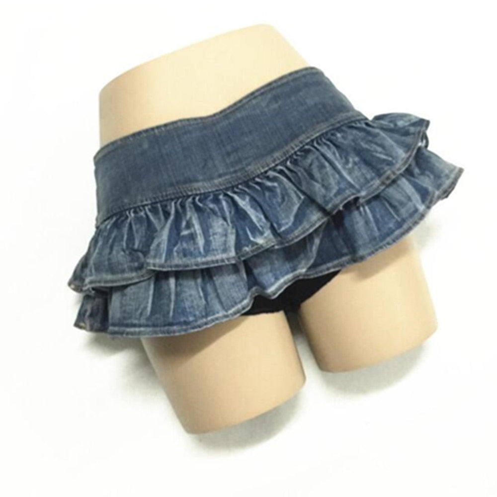 Women Low Waist Ruffles Cake Short Mini Denim Skirt Y2K Streetwear Party Sexy Jean Skirts