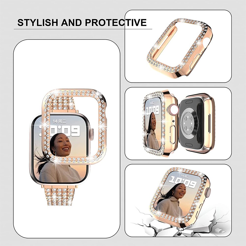 Womens Diamond Case + Strap for Apple Watch Band 7 6 41mm 45mm 38/42/40/44mm Metal Bracelet for iWatch Series SE 3 Jewelry Cover