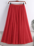 Spring Summer Elastic High Waist Elegant Layered Tulle Skirt Solid A Line Mesh Midi Long Skirt