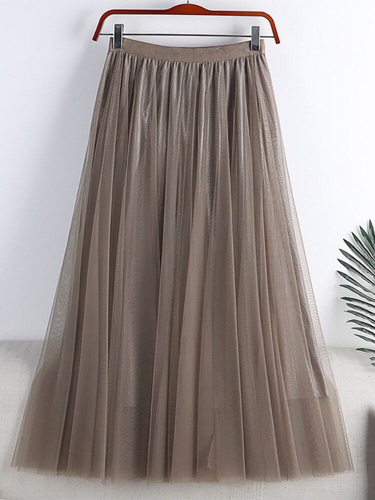 Mid Calf Long Women Metallic Shimmer Tulle Skirt Elastic High Waist Elegant A Line Midi Skirt
