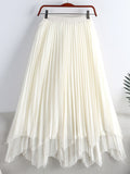 Fashion Irregular Hem Tulle Mid Calf Long Solid Casual Elastic High Waist Mesh Pleated Skirt