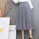 Women Long Blue Summer Women Loose Pleated Skirt Casual High Waist A-line Tulle Skirts