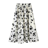 Vintage Floral Flower Print Elastic High Waist Long A-Line Women Elegant Sweet Black Summer Skirts