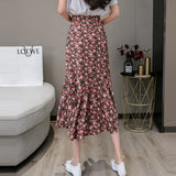 Women Chiffon Casual Summer Vintage Floral Print High Waist Ladies Elegant A-line Long Skirt