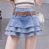 Ruffle Layer Bottom Retro Women Summer Girls High Waist Short Jeans Cake Pleated Mini Denim Skirts