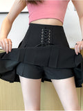 Women Summer High Waist Lace-up Pleated Preppy Style Fashion All-match A-line Mini Skirt
