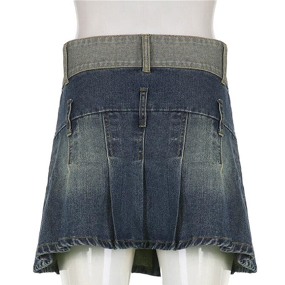 Harajuku Pleated Women Summer Chic Pocket Button Wrap Denim Skirt Preppy Style Y2k Mini Skirt