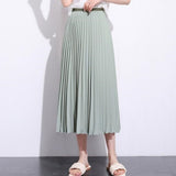 Women Long Summer Vintage High-Waist Faldas Casual Solid Color Loose Chiffon Pleated Skirt