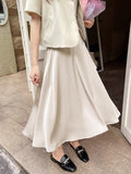 Office Lady Elegant Vintage Satin Skirt Women Elastic High Waist Casual A Line Midi Skirt
