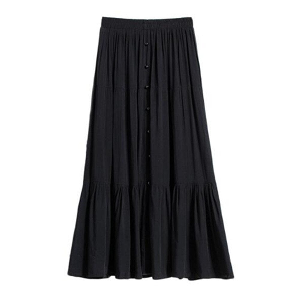 Summer Korean Casual Midi Long Women Button Large Swing A Line Skirt High Waist Mid-length Skirt