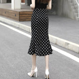 Summer Vintage Polka Dot Long Women High Waist Midi Skirt Ladies Black Chiffon Office Trumpet Skirt