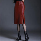 Office Midi Women Leather Maxi Skirt Ladies High Waist Pocket Autumn Red Black Formal Skirt