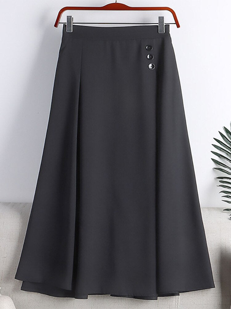 Women Elastic High Waist Casual A Line Skirt Buttons Dart Detail Office Lady Elegant Midi Skirt