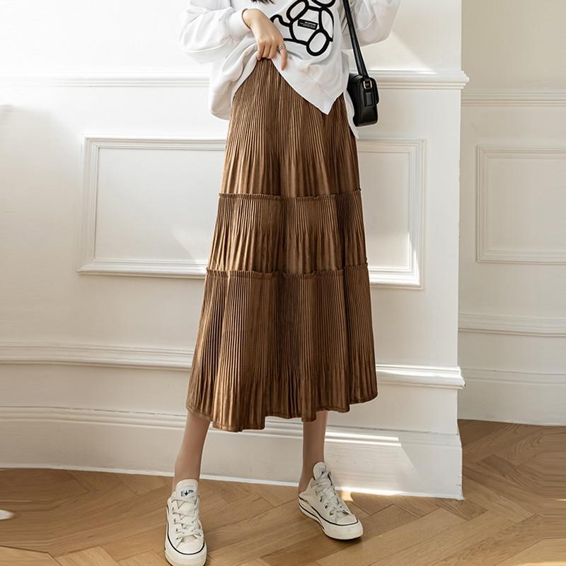 Women Casual Long Spring Korean Style Vintage Corduroy High Waist Ladies Elegant A-line Skirt